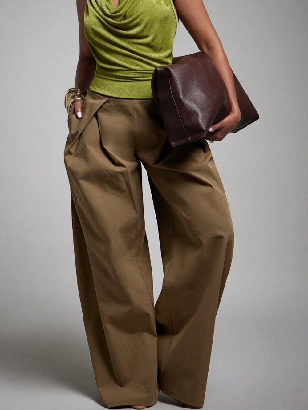 Brown Elegant Women's Draped High Waist Loose Extra Long Plain Trousers - Picture 5 of 5